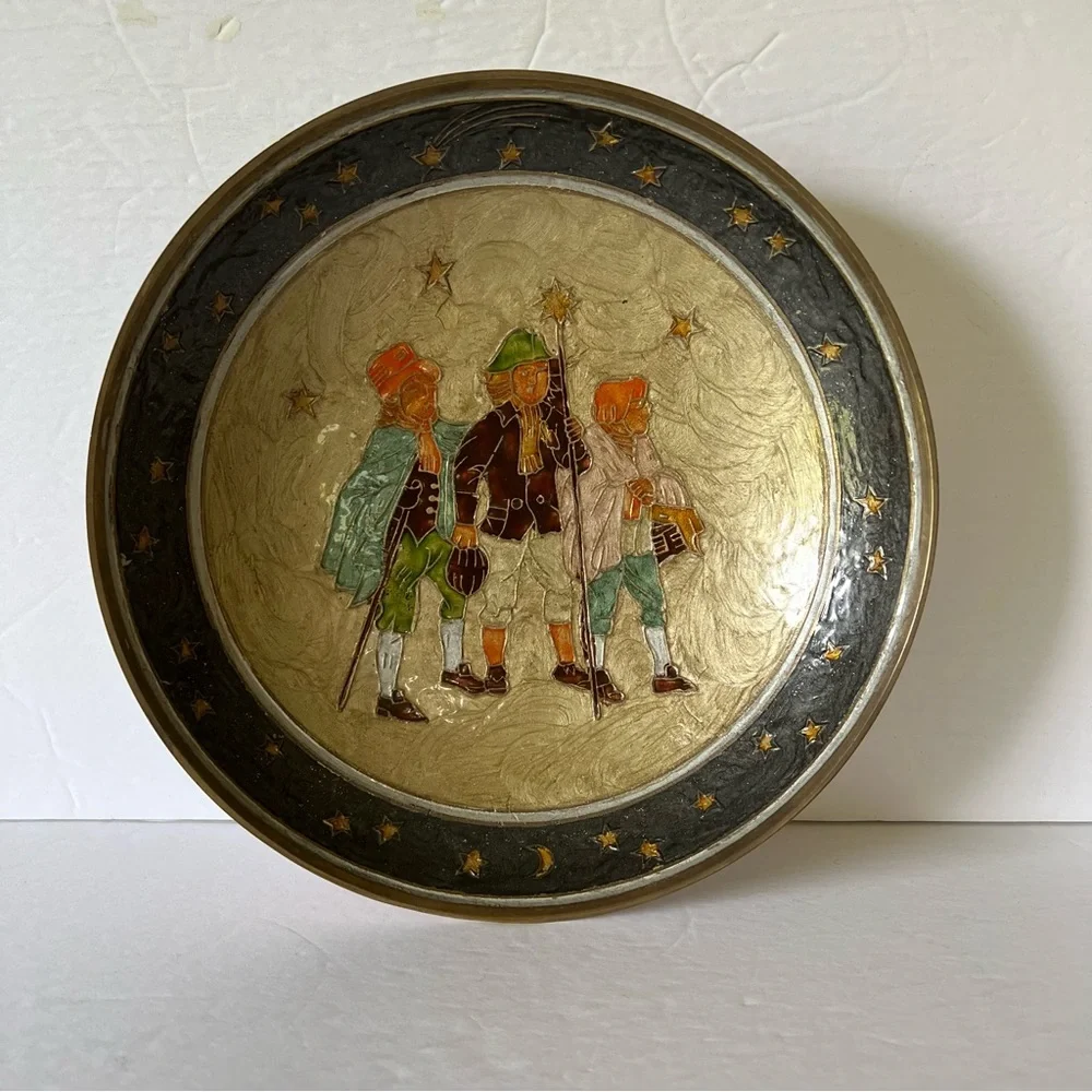 VTG Made in India Enameled Brass Bowl Fruit Bowl Decor Celestial Boho 9.25